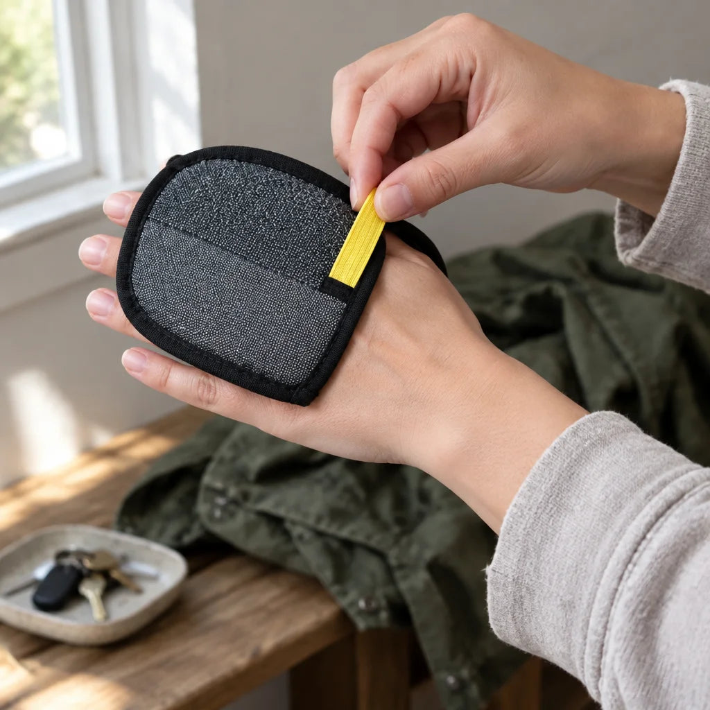 A square close real-life photograph that conveys the brush’s hand-sized scale by the action: the exa