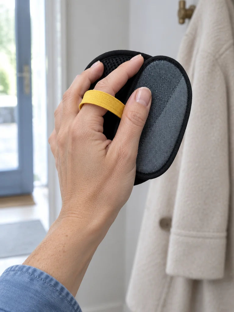 A portrait 3:4 photograph of the exact compact textile brush in a real hand, showing how it is held