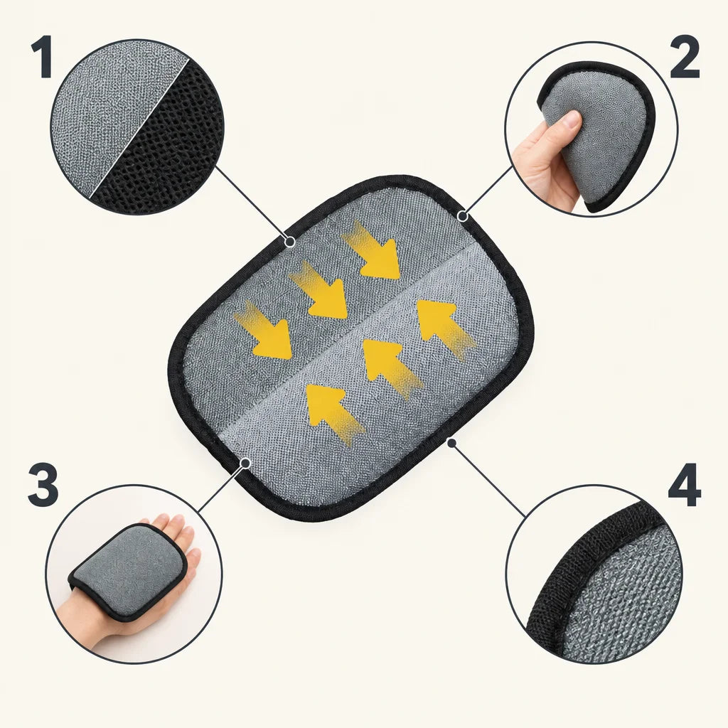 A square, light-background infographic with the exact textile brush large in the center, grey woven