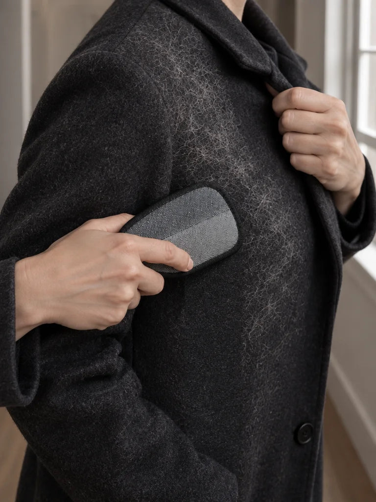 A portrait 3:4 photograph of the exact compact brush being passed over the shoulder of a dark wool c
