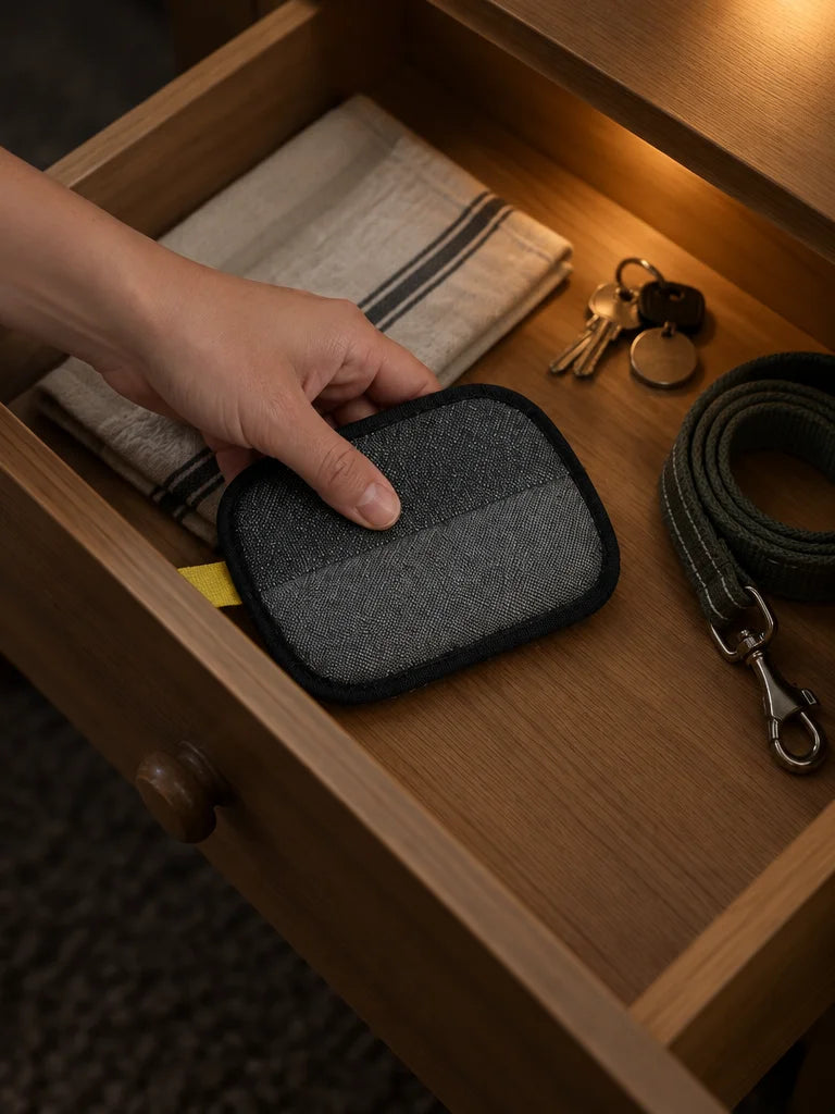 A portrait 3:4 photograph of the exact soft textile brush being put away: a hand lowers the black-bo